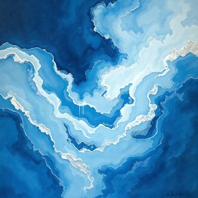 The primary subject of the image is a painting of a blue ocean with white clouds. The setting is a blue ocean with white clouds, and the visual style is a painting. The dominant colors are blue and white, creating a serene and calming atmosphere.